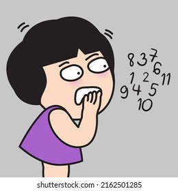 Fear And Anxious Woman is Looking At Scary Numbers Of Age. Terrifying Of Getting Older Concept Card Character illustration