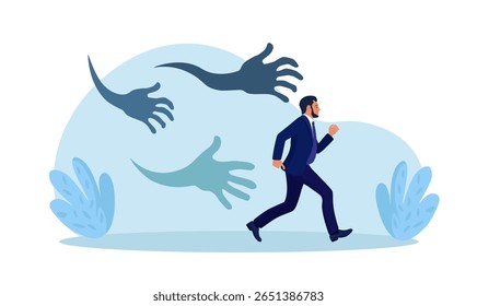 Ataque de medo, medo ou sentimento negativo. Empresário com medo de pesadelo. Luta contra o fracasso dos negócios, depressão ou ataque de pânico. Pessoa assustada fugindo de um monstro assustador