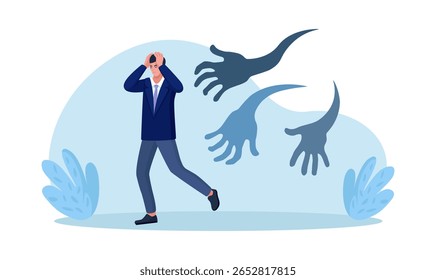 Ataque de medo, medo ou sentimento negativo. Empresário com medo de pesadelo. Luta contra o fracasso dos negócios, depressão ou ataque de pânico. Pessoa assustada fugindo de um monstro assustador