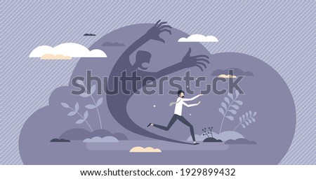 Fear attack as businessman afraid from its own shadow tiny person concept. Threaten and terrify feeling from insecurity and doubt vector illustration. Inner conflict and phobia as negative emotions.