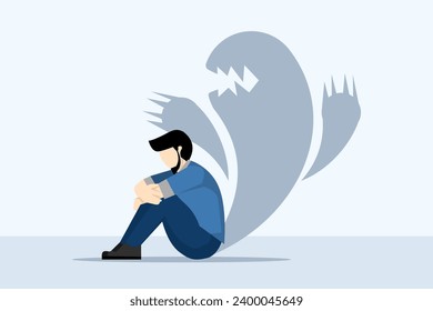 Fear attack concept. a character with a shadow of a monster that scares him. Phobias, anxiety, panic attacks. Psychology, loneliness, fear or mental health problems, depression.