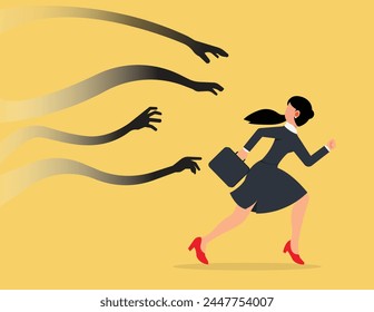 Fear attack concept. Frightened businesswoman running away from creepy monster hand chasing.