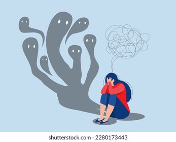 Fear attack concept  girl sitting on floor and struggling with inner fears and psychological disorders problems with mental health and psychology.  phobia Cartoon flat vector illustration