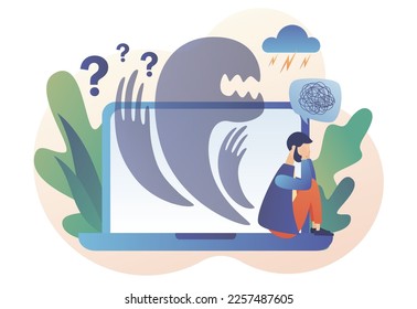 Fear attack concept. Psychology, solitude, fear or mental health problems, depression. Phobias, anxiety, panic attack. Modern flat cartoon style. Vector illustration on white background
