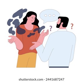 Fear of being misunderstood. Concerned tense woman, puzzled not understanding man, conflicts in the couple. Problems in communication, crisis in relationship. Flat vector illustration