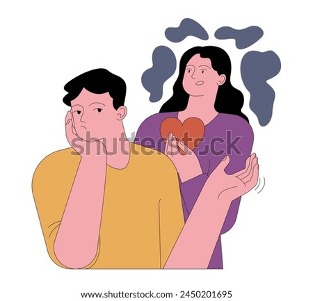 The fear of being taken for granted. An anxious and concerned woman holds out her heart as a metaphor for her feelings. A disinterested, indifferent man holds out his hand. Flat vector illustration
