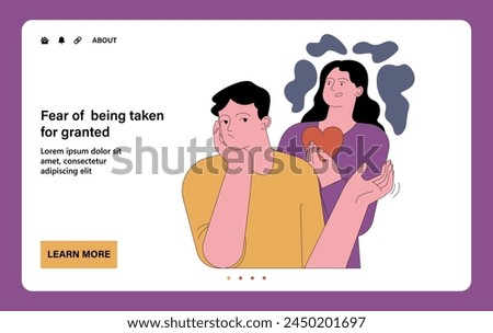 The fear of being taken for granted web or landing. An anxious and concerned woman holds out her heart as a metaphor for her feelings. A disinterested indifferent man holds out his hand vector