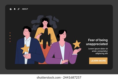 Fear of being unappreciated dark or night mode web, landing. Young scared woman standing alone overshadowed by her peers. Corporate workers with stars of achievement. Flat vector illustration