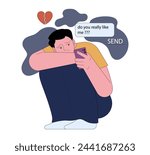 Fear of being unloved. Insecure and sad young man texting to his lover. Lack of validation in relationships or low self-esteem. Anxious attachment style. Flat vector illustration