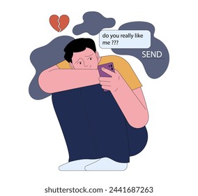 Fear of being unloved. Insecure and sad young man texting to his lover. Lack of validation in relationships or low self-esteem. Anxious attachment style. Flat vector illustration