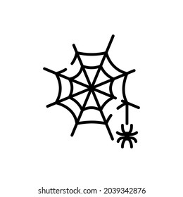 Fear Black Spiderweb Line Icon. Spooky Spider Web Halloween Decoration Linear Pictogram. Cobweb Trap with Spider on Thread Outline Icon. Editable Stroke. Isolated Vector Illustration.