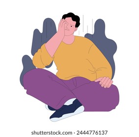 Fear of boredom. Disenchanted bored young man encapsulating the emotional and existential dread of monotony and dullness. Flat vector illustration