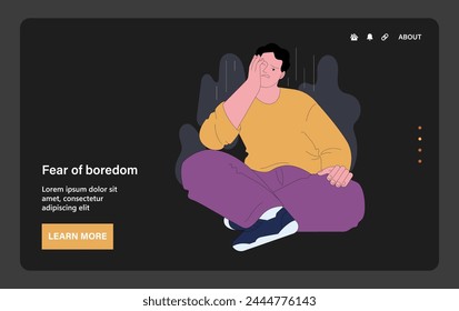 Fear of boredom. Disenchanted bored young man encapsulating the emotional and existential dread of monotony and dullness. Flat vector illustration