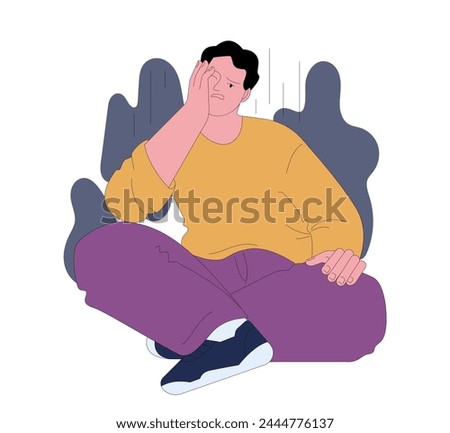 Fear of boredom. Disenchanted bored young man encapsulating the emotional and existential dread of monotony and dullness. Flat vector illustration