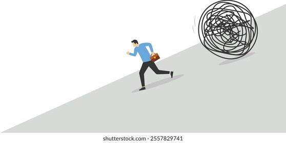 Fear businessman push out trouble circle, financial problem and economic crisis, avoid from working stress, Vector illustration design concept in flat style

