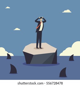 Fear. Businessman standing on small island by sharks swim around. Business concepts in vector.