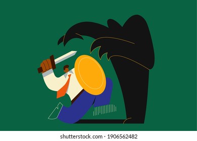 Fear, challenge, struggling with inner problems concept. Businessman with sword and shield fighting with his own spooky shadow as knight over green background vector illustration 