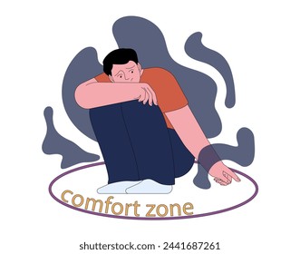 Fear of change, metathesiophobia. Scared or hesitating male character in his comfort zone, avoid changing circumstances. Emotional and existential fears of unknown. Flat vector illustration