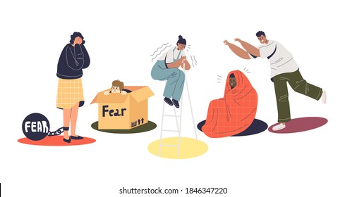 Fear concept with group of people scared and frightened. Depressed and horrified cartoon characters. Mental disorder and phobia concept. Flat vector illustration