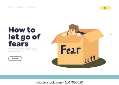 Fear concept of landing page with scared man hiding in cardboard box frightened and depressed. Mental disorder and anxiety concept. Flat vector illustration