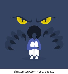 Fear, conceptual illustration. Big yellow eyes and huge claws behind the character's back. Panic attack. Mental health. Modern lifestyle. Flat editable vector.