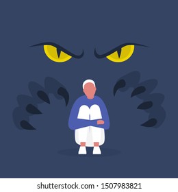 Fear, conceptual illustration. Big yellow eyes and huge claws behind the character's back. Panic attack. Mental health. Modern lifestyle. Flat editable vector.