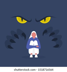Fear, conceptual illustration. Big yellow eyes and huge claws behind the character's back. Panic attack. Mental health. Modern lifestyle. Flat editable vector.