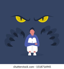Fear, conceptual illustration. Big yellow eyes and huge claws behind the character's back. Panic attack. Mental health. Modern lifestyle. Flat editable vector.