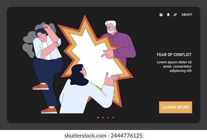Fear of conflict web or landing dark or night mode. Tensed character scared of two people in confrontation or quarrel. Angry couple shouting at each other. Frightened kid. Flat vector illustrations
