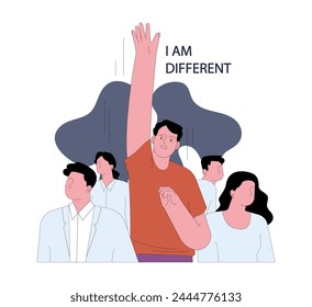 Fear of conformity. Emotional struggle and existential fear of embracing individuality in a conforming crowd. Frightened man jumping out of faceless people. Flat vector illustration