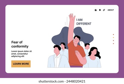 Fear of conformity. Emotional struggle and existential fear of embracing individuality in a conforming crowd. Frightened man jumping out of faceless people. Flat vector illustration