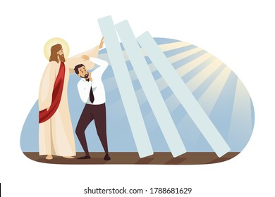 Fear, crisis, saving, religion, christianity, business concept. Jesus Christ son of God holding falling block helping scared frightened businessman from injury. Divine support and care illustration.