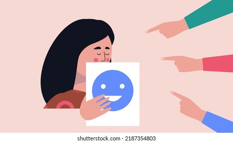 Fear of criticism concept. Hands pointing at the character. Vector illustration in a flat style