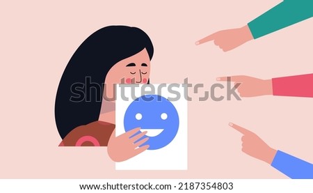 Fear of criticism concept. Hands pointing at the character. Vector illustration in a flat style
