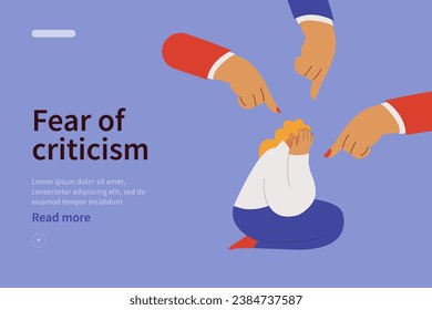 Fear of criticism website concept . The depressed woman is surrounded by mocking gestures. Anxious about other people judging, evaluating, blaming. Modern flat vector illustration.