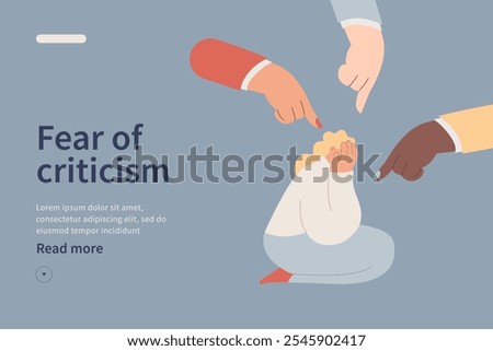 Fear of criticism website concept. The depressed woman is surrounded by mocking gestures. Anxious about other people judging, evaluating, blaming. Modern flat vector illustration.
