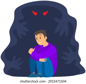 Fear of darkness concept. Man scared of spooky monster from nightmare. Person is afraid of ghost. Guy sits and shakes with fright next to monster, ghost in dark. Nightmare, fear of dark, phobia