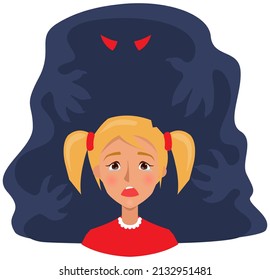 Fear of darkness concept. Upset girl scared of spooky monster from nightmare. Child is afraid of ghost. Crying female character next to monster, ghost in dark. Nightmare, fear of dark, phobia