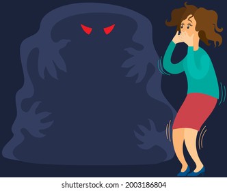 Fear of darkness concept. Woman scared of spooky monster from nightmare. Person is afraid of ghost. Girl tries not to scream at sight of monster, ghost in dark. Nightmare, fear of dark, phobia