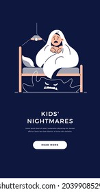 Fear of darkness, Kids nightmares banner. Scared boy imagining monster under the bed. Child hides under blanket from monster. Nightmares in Children, fear of darkness concept. Flat vector illustration