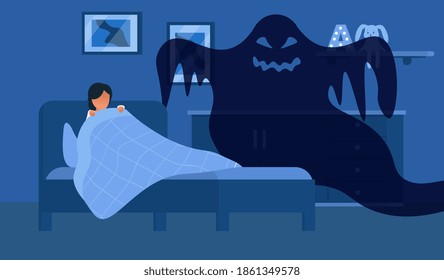 Miedo a la oscuridad. Niña pequeña asustada del monstruo espeluznante de la pesadilla. Personaje femenino acostado en la cama sin dormir y con miedo al fantasma. Ilustración vectorial de dibujos animados planos