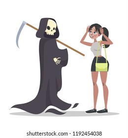 Fear of death. Horror character in black robe and hood standing at frightened woman. Fobia and social anxiety, thanatophobia. Psychology and psycho therapy concept. Isolated flat vector illustration