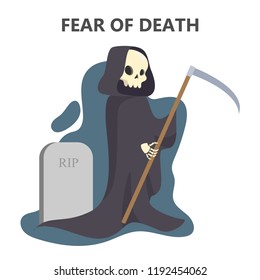 Fear of death. Horror character in black robe standing at the grave. Fobia and social anxiety, thanatophobia. Psychology and psycho therapy concept. Isolated flat vector illustration