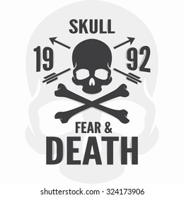 Fear and death print. Skull and cross bones logo. Vector calligraphy lettering