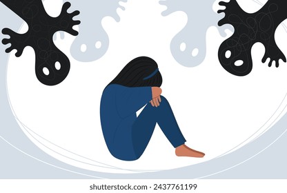 Fear, depression, phobia, anxiety concept. Woman or girl sitting surrounded by shadows. Panic attack. Mental health. Flat vector illustration. 