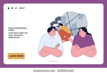 Fear of disappointing others web or landing. Overstressed exhausted character carrying the huge rock as a metaphor of burdens or responsibilities. Flat vector illustration