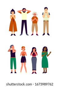 Fear emotion on human face. People of different race and gender are scared of somethiing. Set of people expressing emotions. Vector illustration