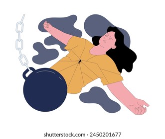 Miedo a la agobio emocional. Mujer asustada y exhausta, agobiada por un peso, ilustrando el fuerte impacto del abrumador sentimiento y existencial. Ilustración vectorial plana