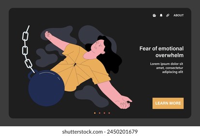 Fear of emotional overwhelm. Exhausted scared woman burdened by a weight, illustrating the heavy impact of emotional and existential overwhelm. Flat vector illustration