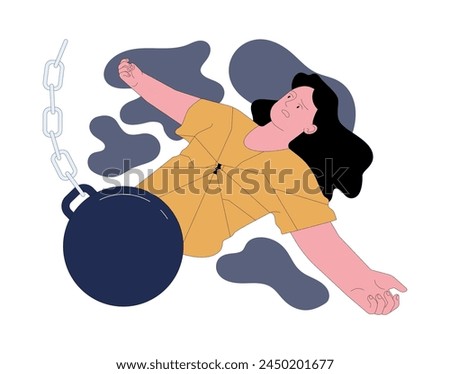 Fear of emotional overwhelm. Exhausted scared woman burdened by a weight, illustrating the heavy impact of emotional and existential overwhelm. Flat vector illustration